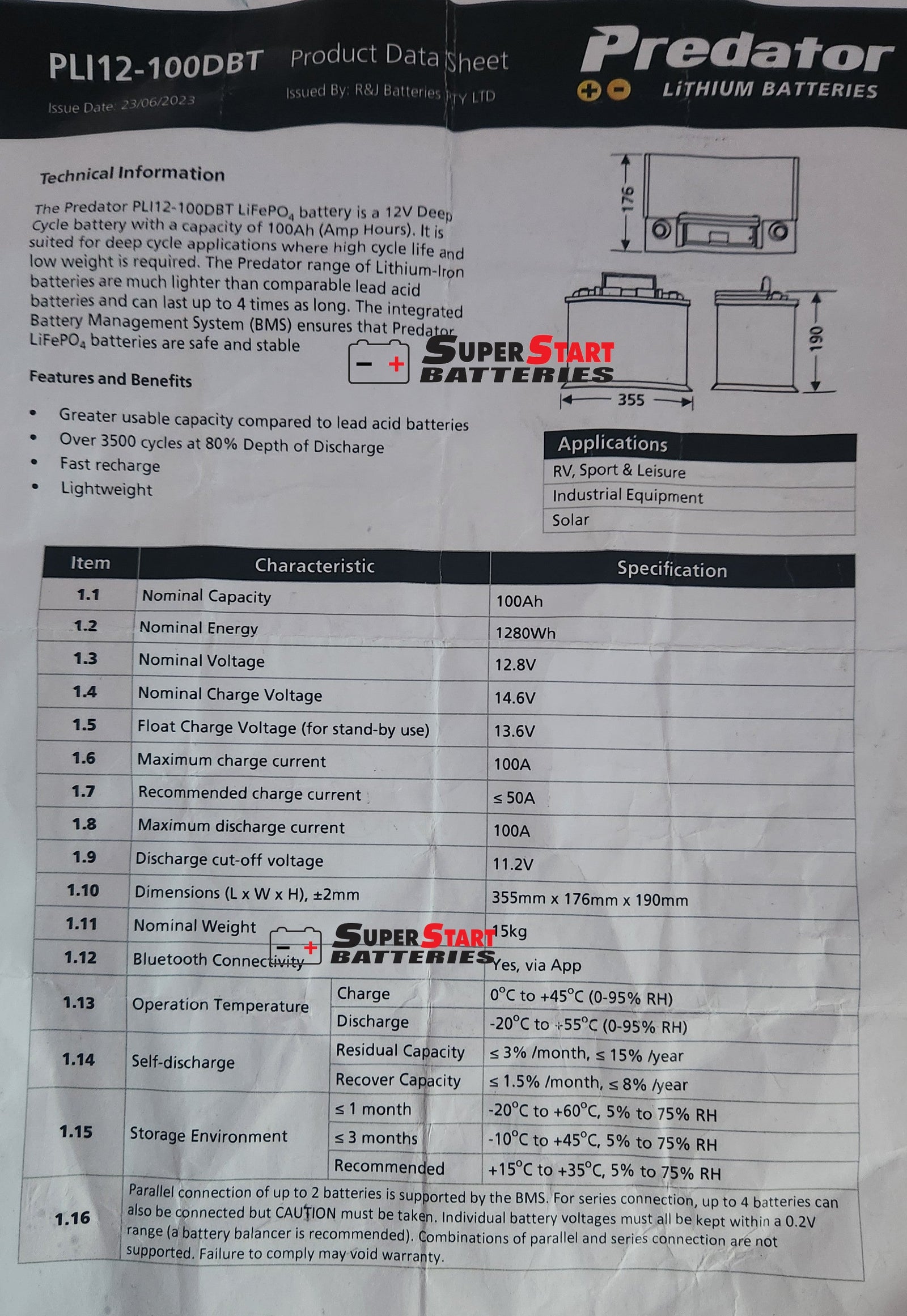 Predator PLI12-100DBT Lithium Deep Cycle Battery DIN100L Euro Campervans - Image 2