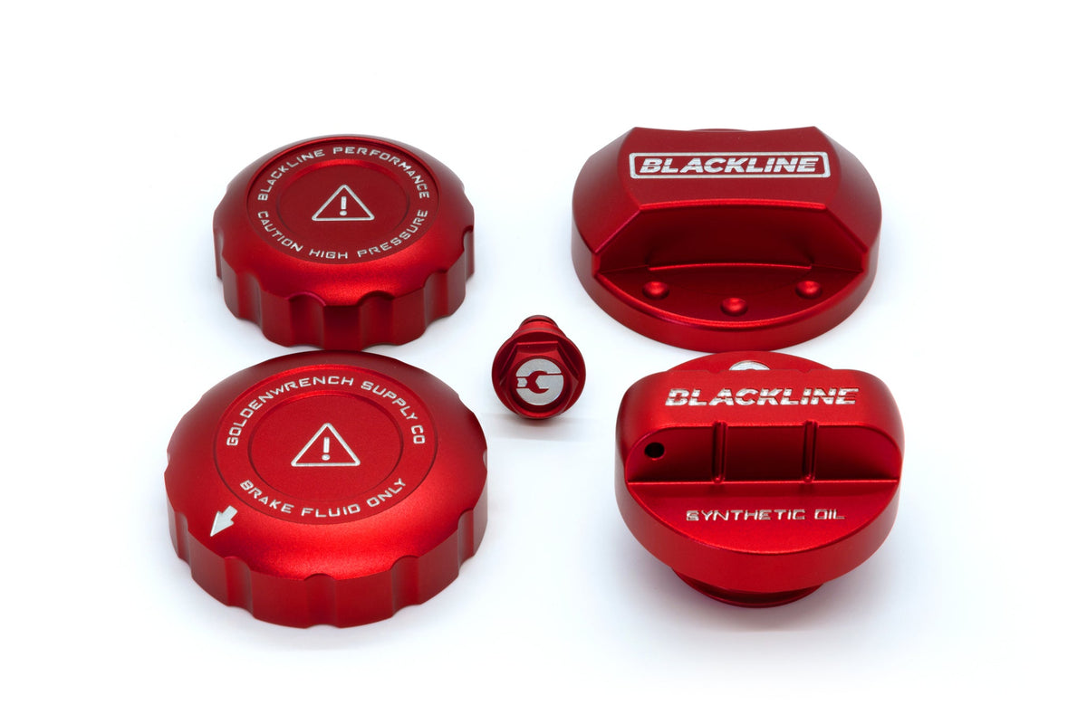 Goldenwrench Supply Toyota 2020+ G16E-GTS Engine - GR Corolla / GR Yaris - BLACKLINE Performance Cap Set (Oil Cap / Coolant Cap / Coolant Bleeder Scre
