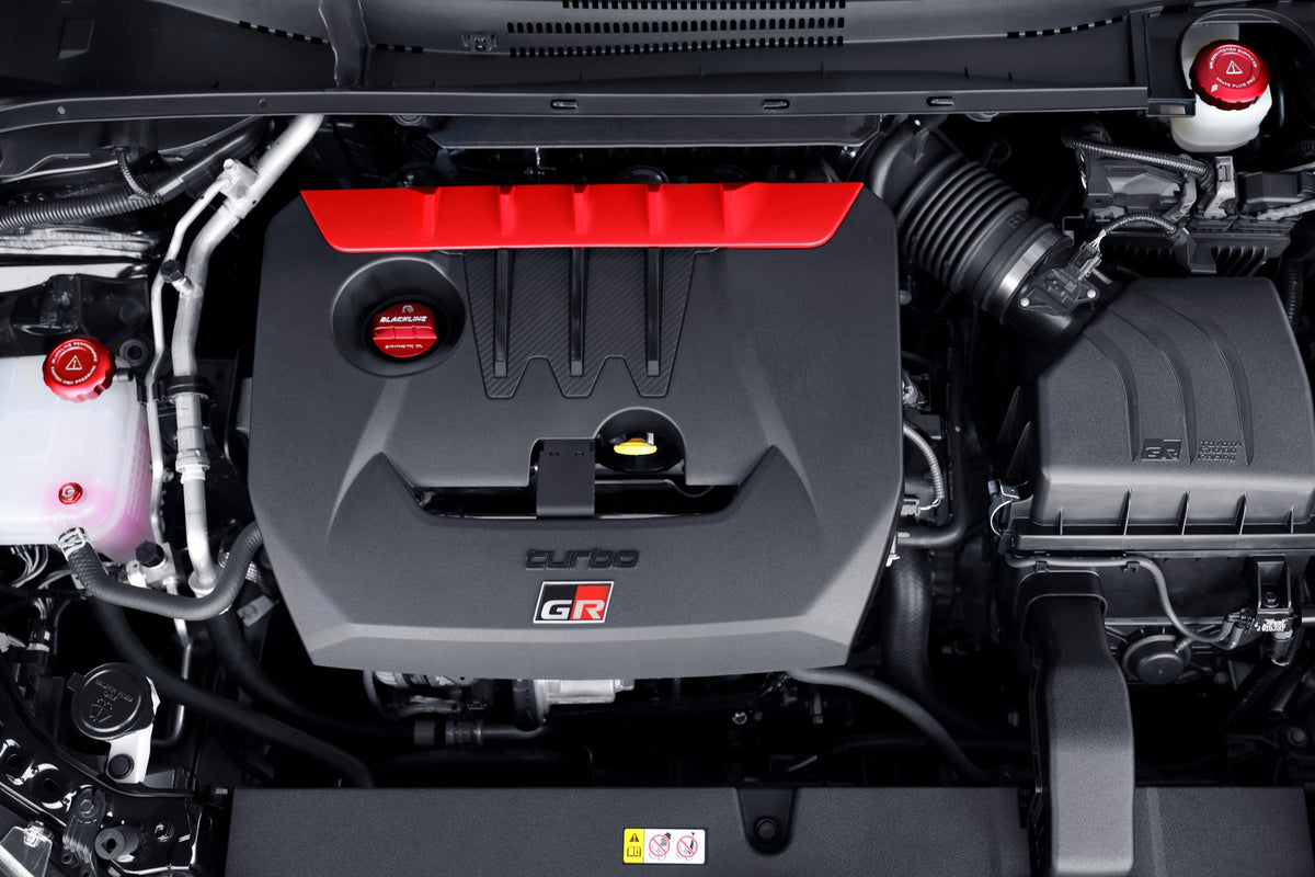 Goldenwrench Supply Toyota 2020+ G16E-GTS Engine - GR Corolla / GR Yaris - BLACKLINE Performance Cap Set (Oil Cap / Coolant Cap / Coolant Bleeder Scre