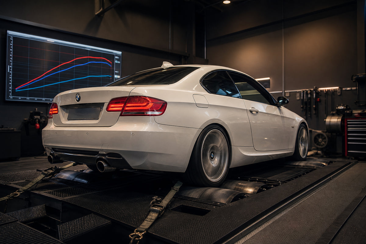 BMW E92 335i N54 twin-turbo on EuroLab chassis dynamometer with power curves displayed