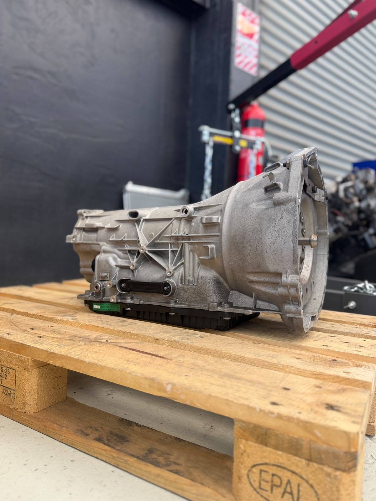 EuroLab ZF 8HP transmission on workshop pallet - side view